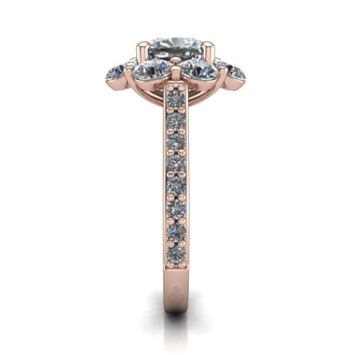 Brooklynn cushion halo engagement ring in 18K Rose Gold, side profile showing the cluster halo and the pav&eacute; diamonds running down the shank