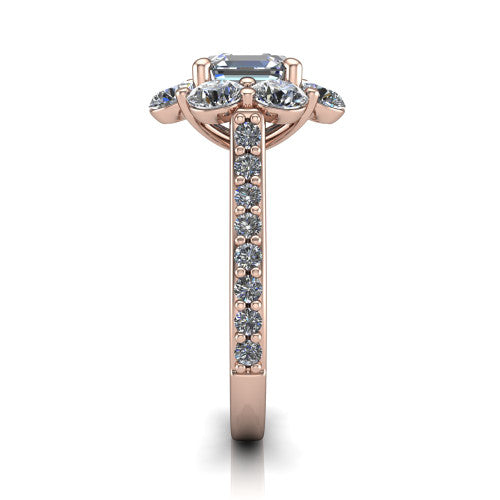 Brooklynn asscher halo engagement ring in 14K Rose Gold, side profile showing the cluster halo and the pav&eacute; diamonds running down the shank
