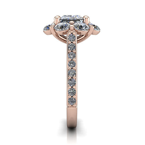 Brooklynn princess halo engagement ring in 14K Rose Gold, side profile showing the cluster halo and the pav&eacute; diamonds running down the shank