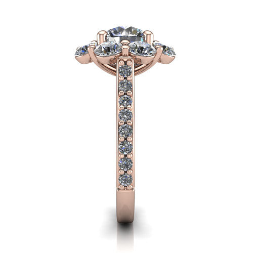 Brooklynn round halo engagement ring in 18K Rose Gold, side profile showing the cluster halo and the pav&eacute; diamonds running down the shank