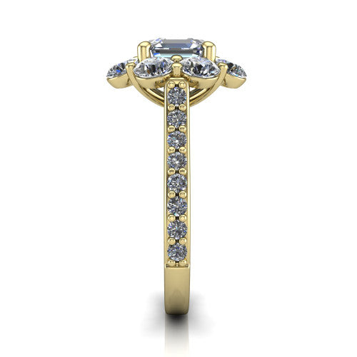 Brooklynn asscher halo engagement ring in 18K Yellow Gold, side profile showing the cluster halo and the pav&eacute; diamonds running down the shank