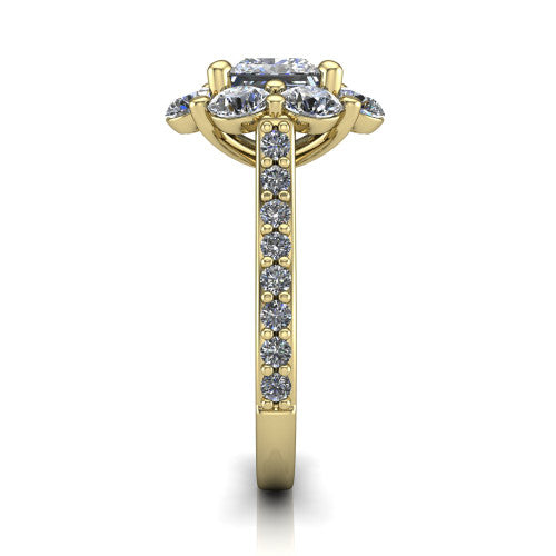 Brooklynn princess halo engagement ring in 14K Yellow Gold, side profile showing the cluster halo and the pav&eacute; diamonds running down the shank