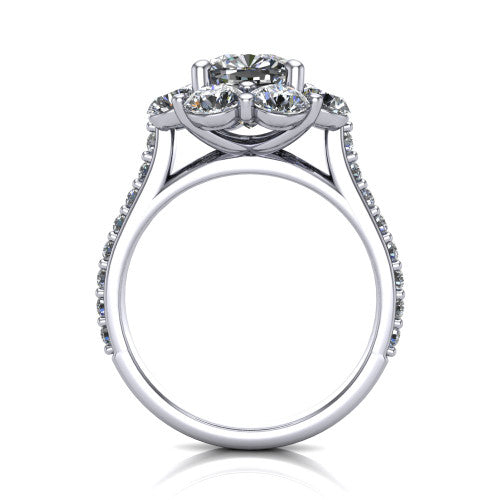Brooklynn cushion halo engagement ring in Platinum, through-finger front profile showing the cluster halo head raised above the pav&eacute; band