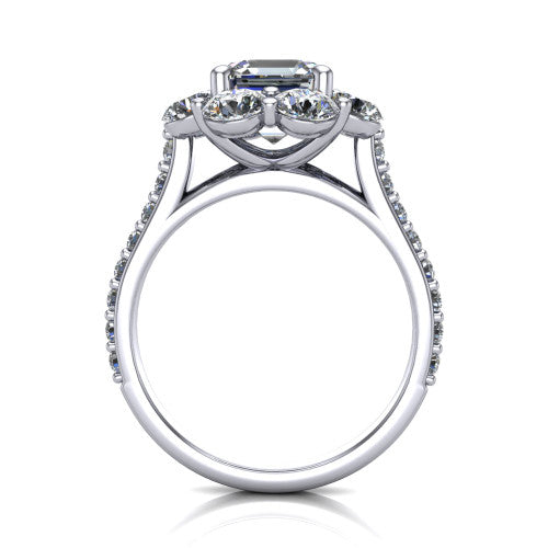 Brooklynn asscher halo engagement ring in 18K White Gold, through-finger front profile showing the cluster halo head raised above the pav&eacute; band