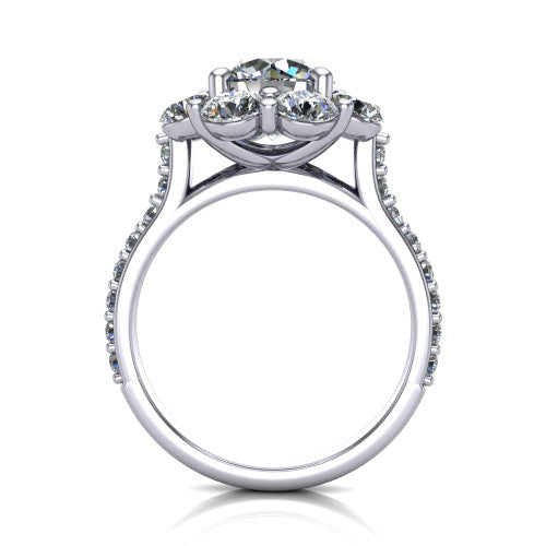 Brooklynn round halo engagement ring in Platinum, through-finger front profile showing the cluster halo head raised above the pav&eacute; band