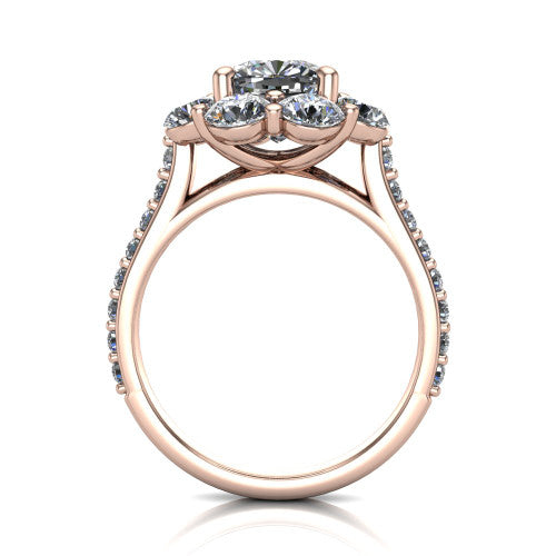 Brooklynn cushion halo engagement ring in 14K Rose Gold, through-finger front profile showing the cluster halo head raised above the pav&eacute; band