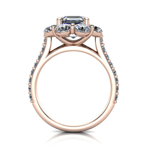 Brooklynn asscher halo engagement ring in 18K Rose Gold, through-finger front profile showing the cluster halo head raised above the pav&eacute; band