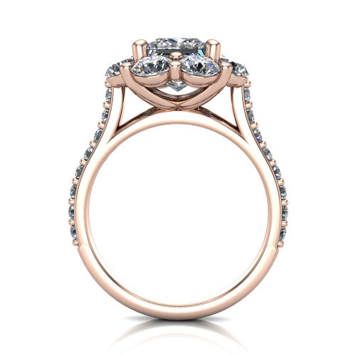 Brooklynn princess halo engagement ring in 14K Rose Gold, through-finger front profile showing the cluster halo head raised above the pav&eacute; band
