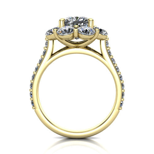 Brooklynn cushion halo engagement ring in 18K Yellow Gold, through-finger front profile showing the cluster halo head raised above the pav&eacute; band