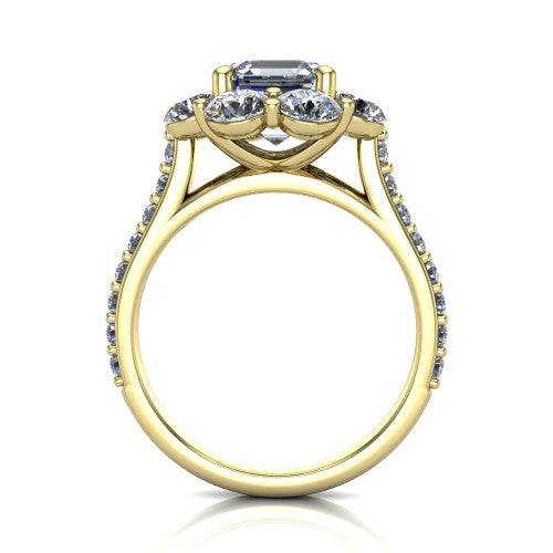 Brooklynn asscher halo engagement ring in 18K Yellow Gold, through-finger front profile showing the cluster halo head raised above the pav&eacute; band