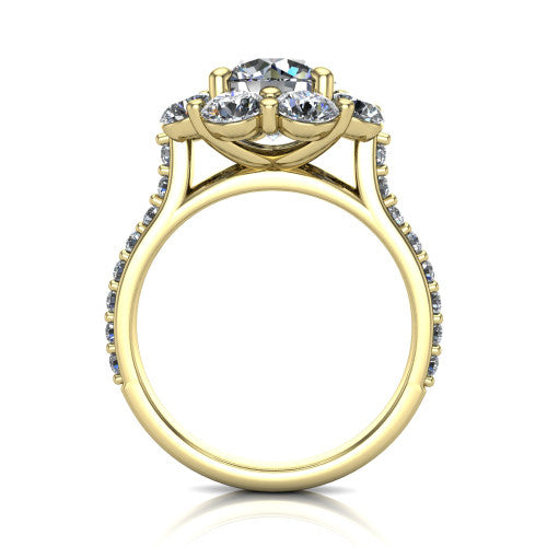 Brooklynn round halo engagement ring in 14K Yellow Gold, through-finger front profile showing the cluster halo head raised above the pav&eacute; band