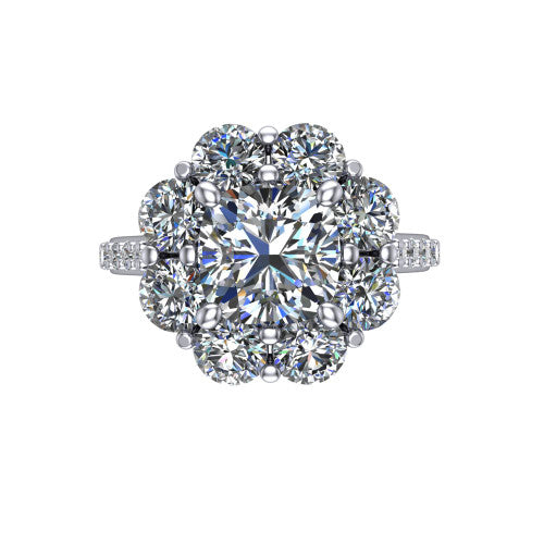 Brooklynn cushion halo engagement ring in Platinum, top-down view showing the center diamond ringed by a floral cluster halo of round diamonds
