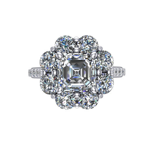 Brooklynn asscher halo engagement ring in Platinum, top-down view showing the center diamond ringed by a floral cluster halo of round diamonds
