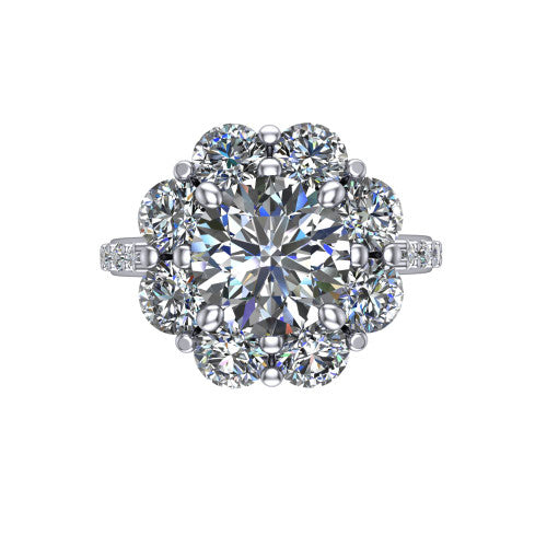 Brooklynn round halo engagement ring in 18K White Gold, top-down view showing the center diamond ringed by a floral cluster halo of round diamonds