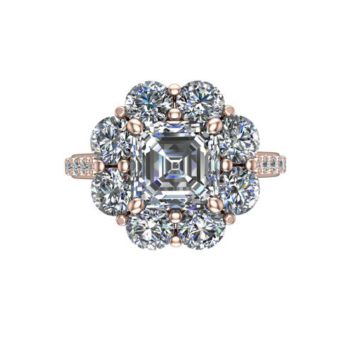 Brooklynn asscher halo engagement ring in 14K Rose Gold, top-down view showing the center diamond ringed by a floral cluster halo of round diamonds