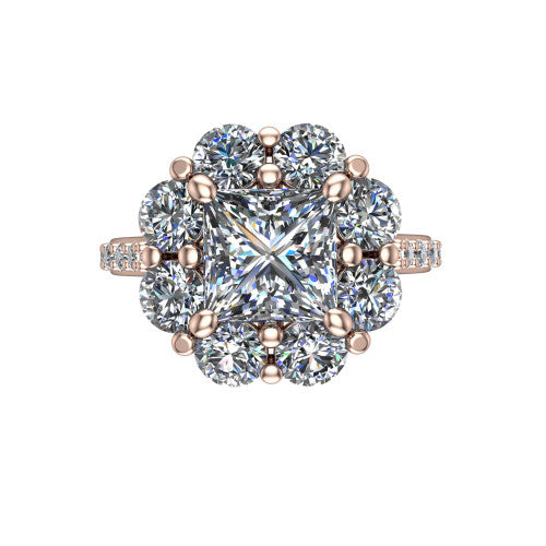 Brooklynn princess halo engagement ring in 18K Rose Gold, top-down view showing the center diamond ringed by a floral cluster halo of round diamonds