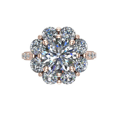 Brooklynn round halo engagement ring in 14K Rose Gold, top-down view showing the center diamond ringed by a floral cluster halo of round diamonds