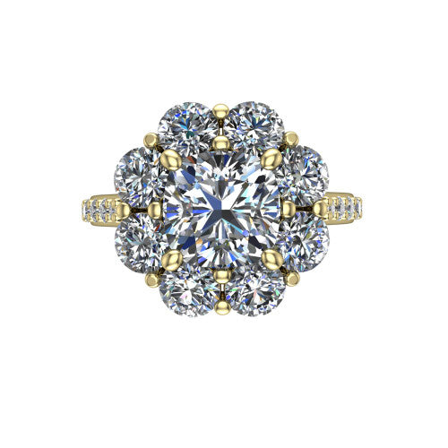 Brooklynn cushion halo engagement ring in 18K Yellow Gold, top-down view showing the center diamond ringed by a floral cluster halo of round diamonds