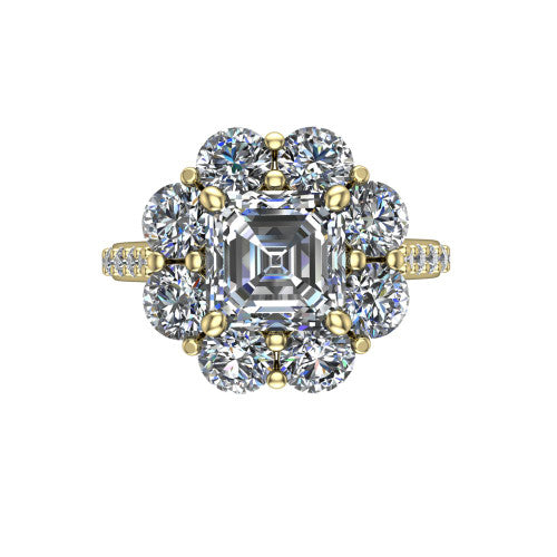 Brooklynn asscher halo engagement ring in 14K Yellow Gold, top-down view showing the center diamond ringed by a floral cluster halo of round diamonds