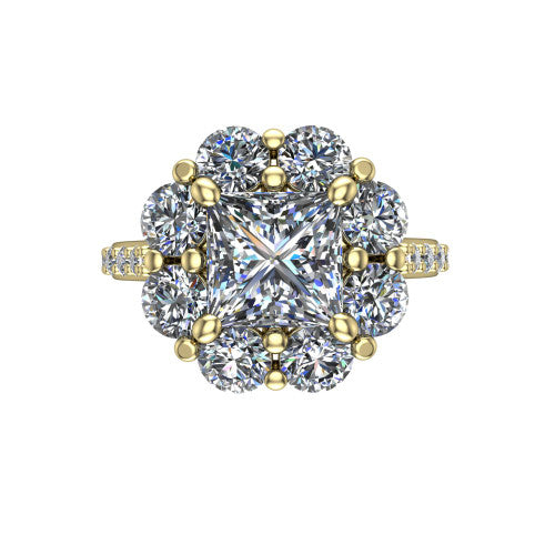 Brooklynn princess halo engagement ring in 18K Yellow Gold, top-down view showing the center diamond ringed by a floral cluster halo of round diamonds