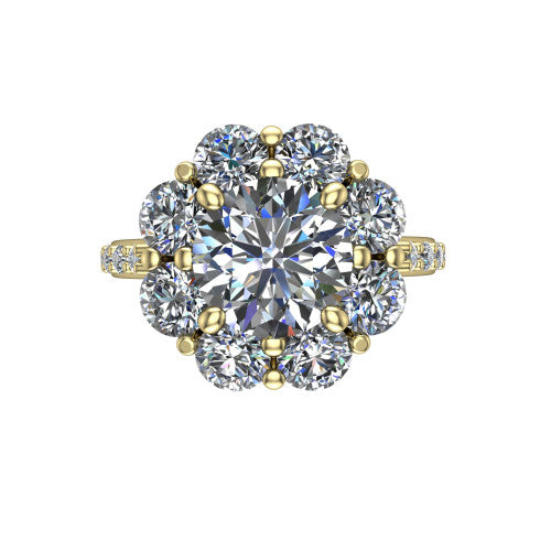 Brooklynn round halo engagement ring in 18K Yellow Gold, top-down view showing the center diamond ringed by a floral cluster halo of round diamonds