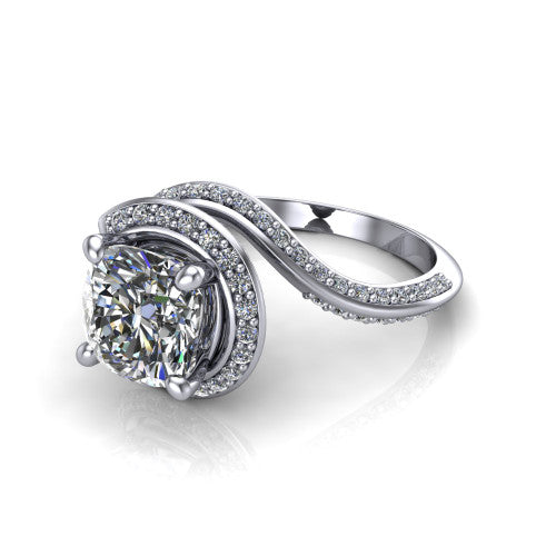 Paislee cushion halo engagement ring in Platinum, three-quarter perspective showing the center wrapped in a swirling pav&eacute; bypass halo