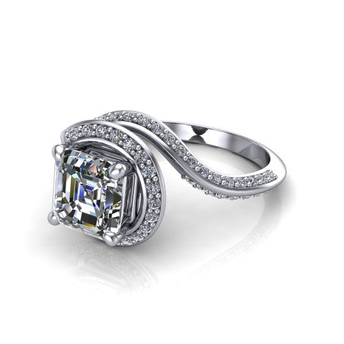 Paislee asscher halo engagement ring in 18K White Gold, three-quarter perspective showing the center wrapped in a swirling pav&eacute; bypass halo