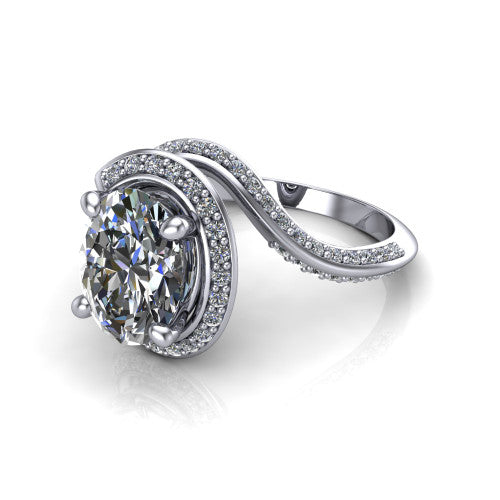Paislee oval halo engagement ring in 14K White Gold, three-quarter perspective showing the center wrapped in a swirling pav&eacute; bypass halo