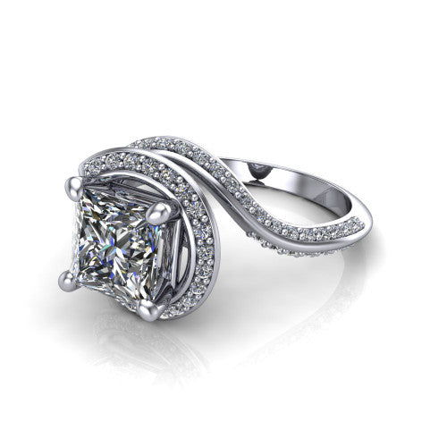 Paislee princess halo engagement ring in 14K White Gold, three-quarter perspective showing the center wrapped in a swirling pav&eacute; bypass halo