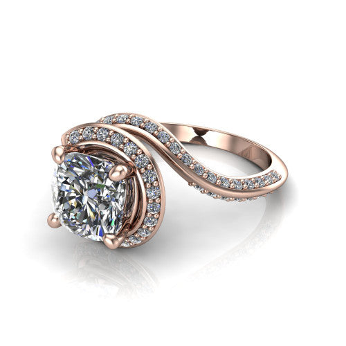 Paislee cushion halo engagement ring in 14K Rose Gold, three-quarter perspective showing the center wrapped in a swirling pav&eacute; bypass halo
