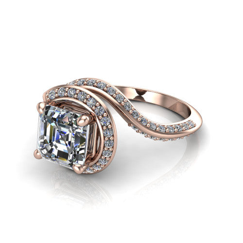 Paislee asscher halo engagement ring in 18K Rose Gold, three-quarter perspective showing the center wrapped in a swirling pav&eacute; bypass halo