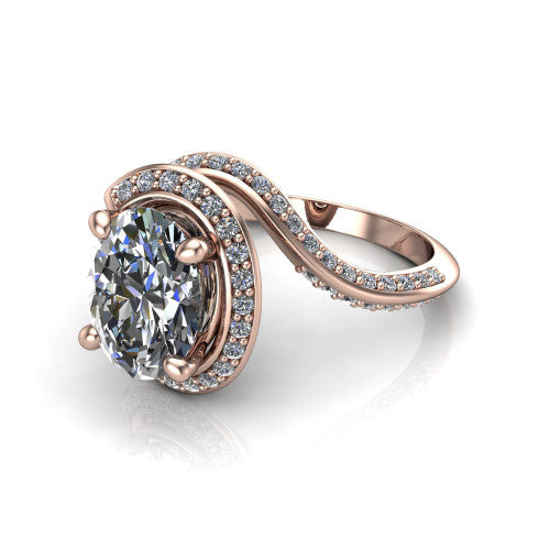 Paislee oval halo engagement ring in 18K Rose Gold, three-quarter perspective showing the center wrapped in a swirling pav&eacute; bypass halo