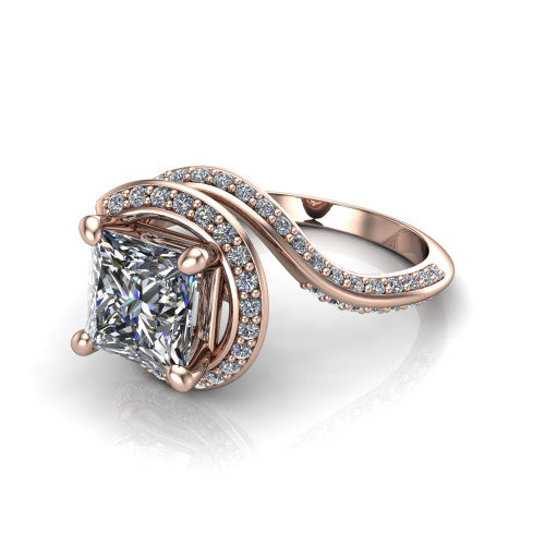 Paislee princess halo engagement ring in 18K Rose Gold, three-quarter perspective showing the center wrapped in a swirling pav&eacute; bypass halo
