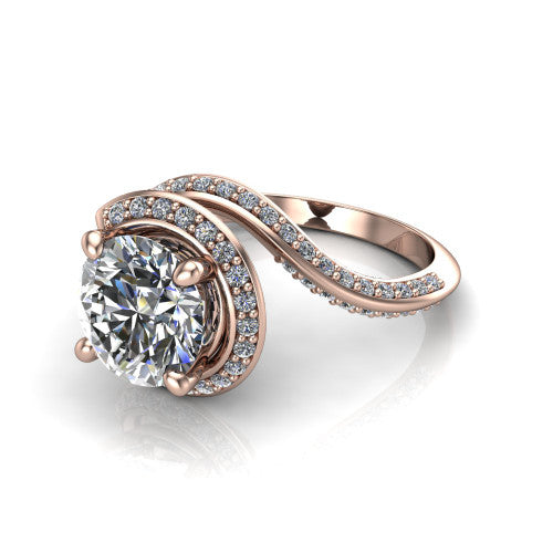 Paislee round halo engagement ring in 14K Rose Gold, three-quarter perspective showing the center wrapped in a swirling pav&eacute; bypass halo