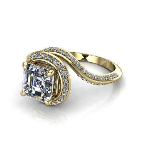 Paislee asscher halo engagement ring in 18K Yellow Gold, three-quarter perspective showing the center wrapped in a swirling pav&eacute; bypass halo