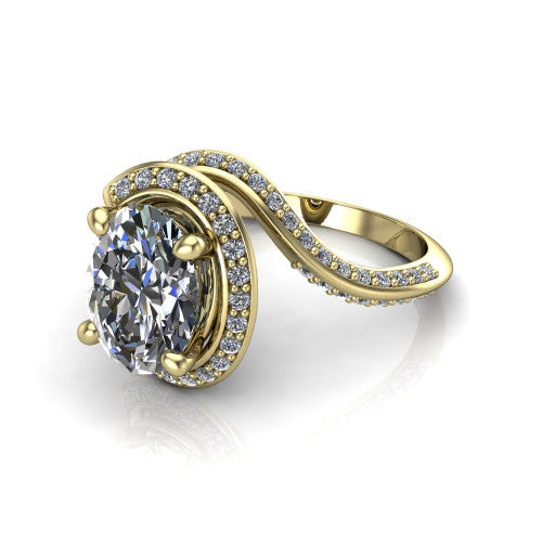 Paislee oval halo engagement ring in 18K Yellow Gold, three-quarter perspective showing the center wrapped in a swirling pav&eacute; bypass halo