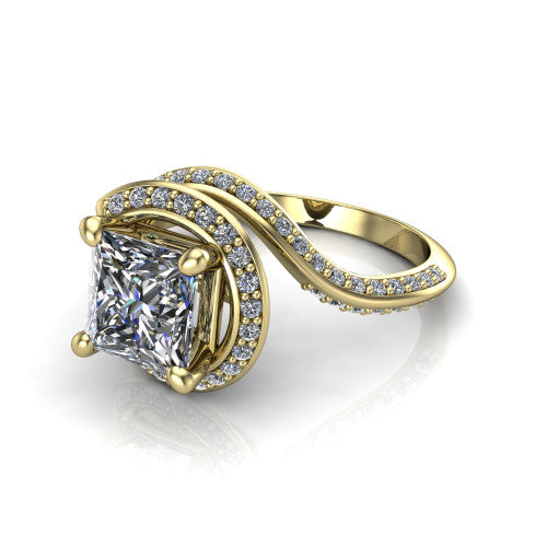 Paislee princess halo engagement ring in 14K Yellow Gold, three-quarter perspective showing the center wrapped in a swirling pav&eacute; bypass halo