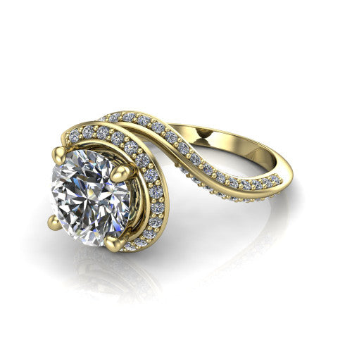 Paislee round halo engagement ring in 14K Yellow Gold, three-quarter perspective showing the center wrapped in a swirling pav&eacute; bypass halo