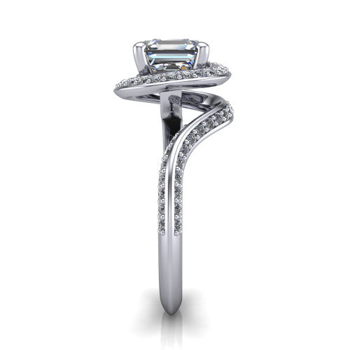 Paislee asscher halo engagement ring in 18K White Gold, side profile showing the pav&eacute; halo spiraling into the twisting bypass shank