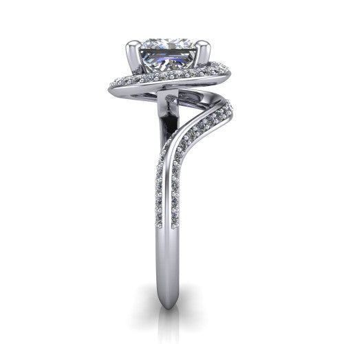 Paislee princess halo engagement ring in 14K White Gold, side profile showing the pav&eacute; halo spiraling into the twisting bypass shank