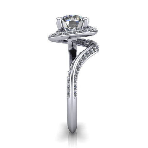 Paislee round halo engagement ring in 14K White Gold, side profile showing the pav&eacute; halo spiraling into the twisting bypass shank