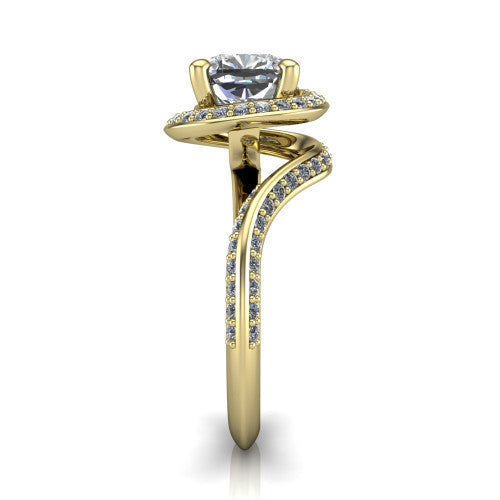 Paislee cushion halo engagement ring in 18K Yellow Gold, side profile showing the pav&eacute; halo spiraling into the twisting bypass shank