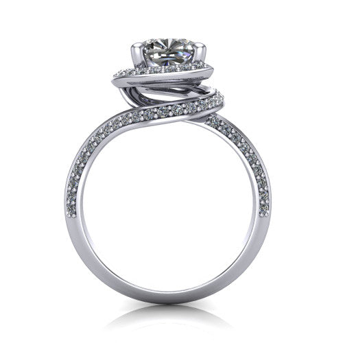 Paislee cushion halo engagement ring in Platinum, through-finger front profile showing the haloed center above the pav&eacute; bypass band