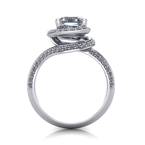 Paislee asscher halo engagement ring in Platinum, through-finger front profile showing the haloed center above the pav&eacute; bypass band