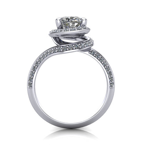 Paislee oval halo engagement ring in 18K White Gold, through-finger front profile showing the haloed center above the pav&eacute; bypass band