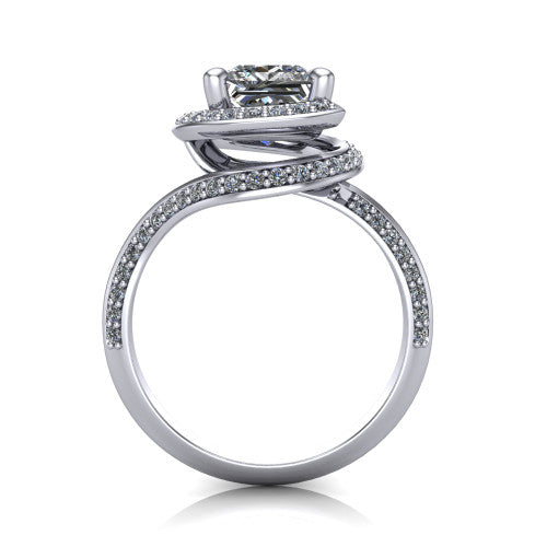 Paislee princess halo engagement ring in Platinum, through-finger front profile showing the haloed center above the pav&eacute; bypass band