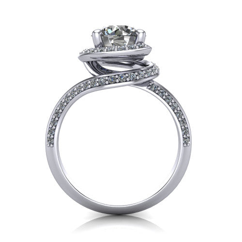 Paislee round halo engagement ring in 14K White Gold, through-finger front profile showing the haloed center above the pav&eacute; bypass band