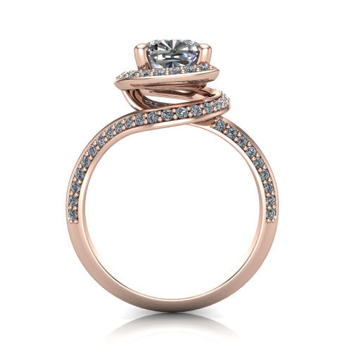 Paislee cushion halo engagement ring in 14K Rose Gold, through-finger front profile showing the haloed center above the pav&eacute; bypass band