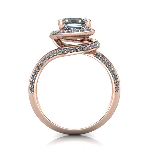 Paislee asscher halo engagement ring in 18K Rose Gold, through-finger front profile showing the haloed center above the pav&eacute; bypass band