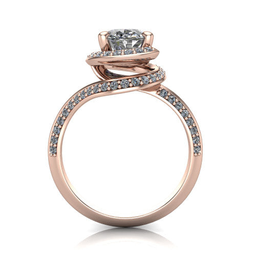 Paislee oval halo engagement ring in 18K Rose Gold, through-finger front profile showing the haloed center above the pav&eacute; bypass band